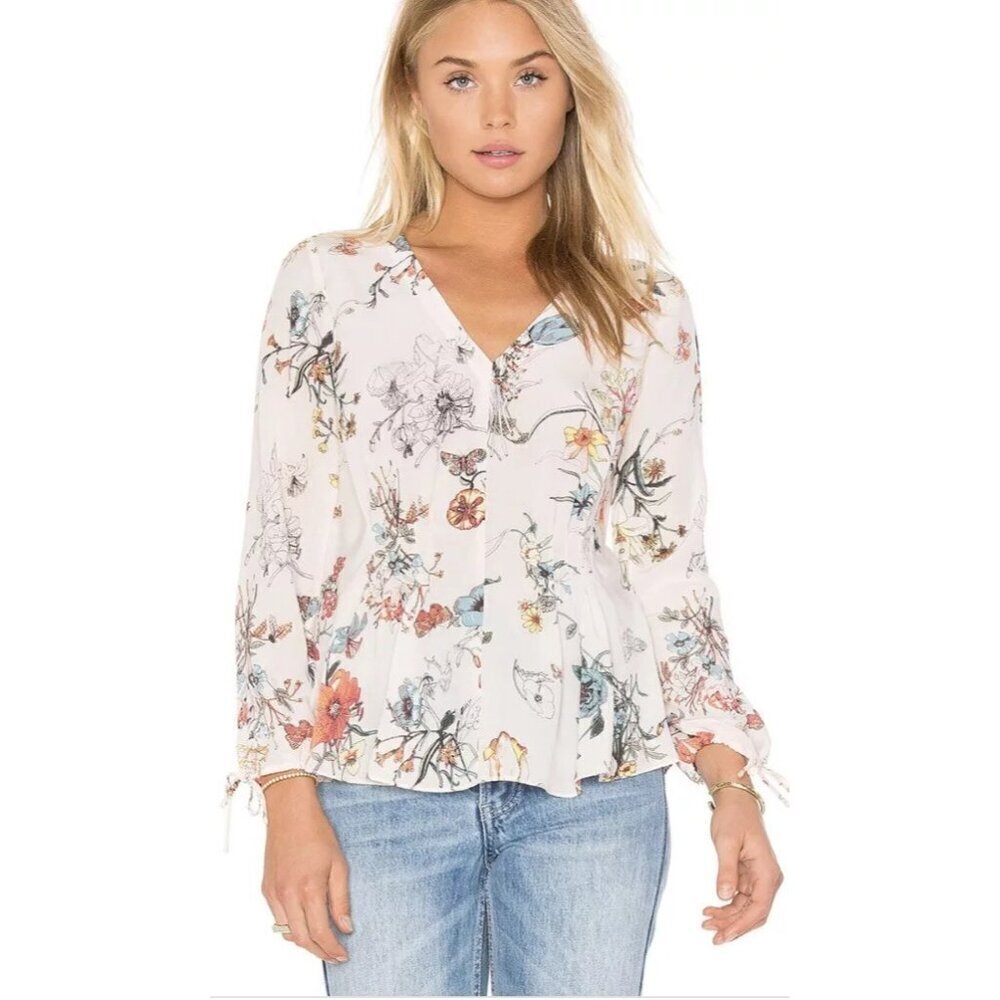 Rebecca Taylor Silk Floral Print Meadow Blouse Size 0 V-Neck Long Sleeve Womens